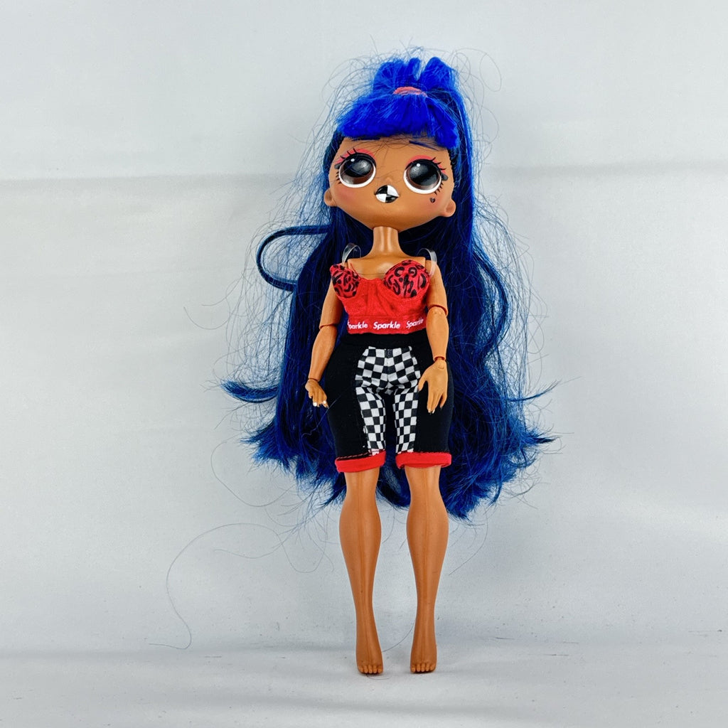 MGA L.O.L. Surprise! O.M.G. Downtown B.B. fashion doll with high blue ponytail and checkered shorts