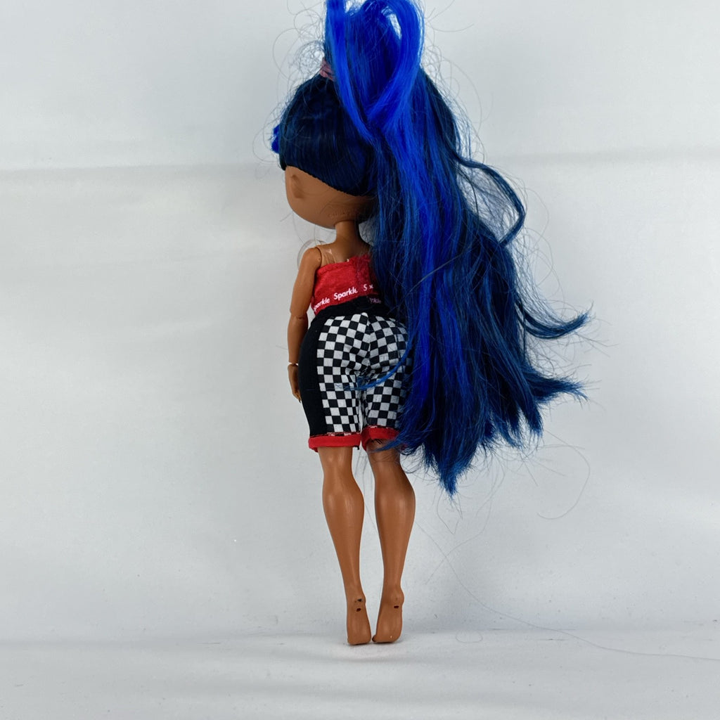 MGA L.O.L. Surprise! O.M.G. Downtown B.B. fashion doll with high blue ponytail and checkered shorts