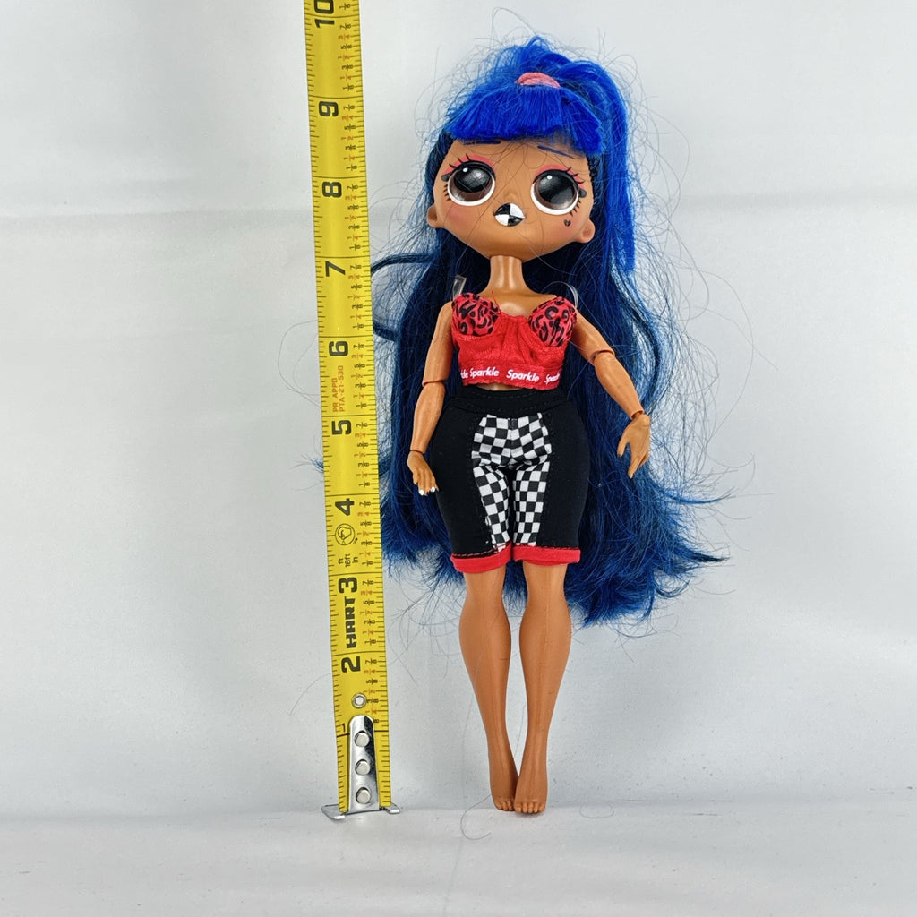 MGA L.O.L. Surprise! O.M.G. Downtown B.B. fashion doll with high blue ponytail and checkered shorts