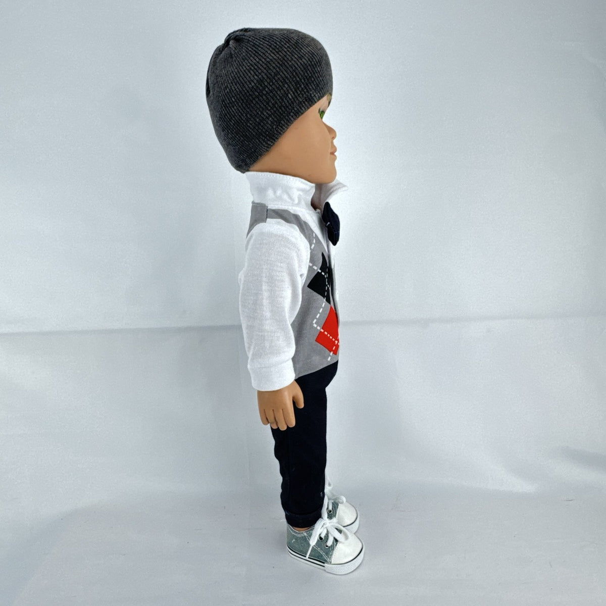 Cititoy 18-inch boy doll with green eyes wearing a knit beanie and argyle vest outfit