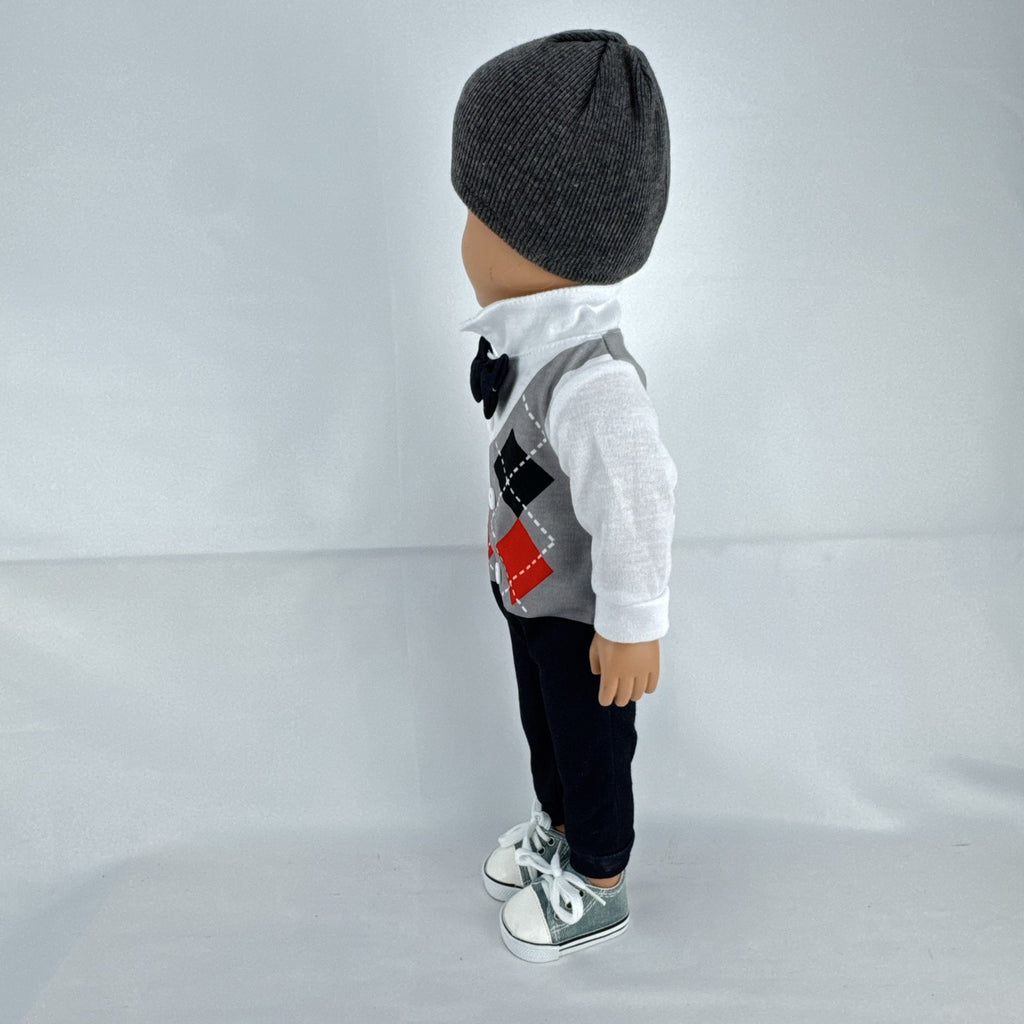Cititoy 18-inch boy doll with green eyes wearing a knit beanie and argyle vest outfit