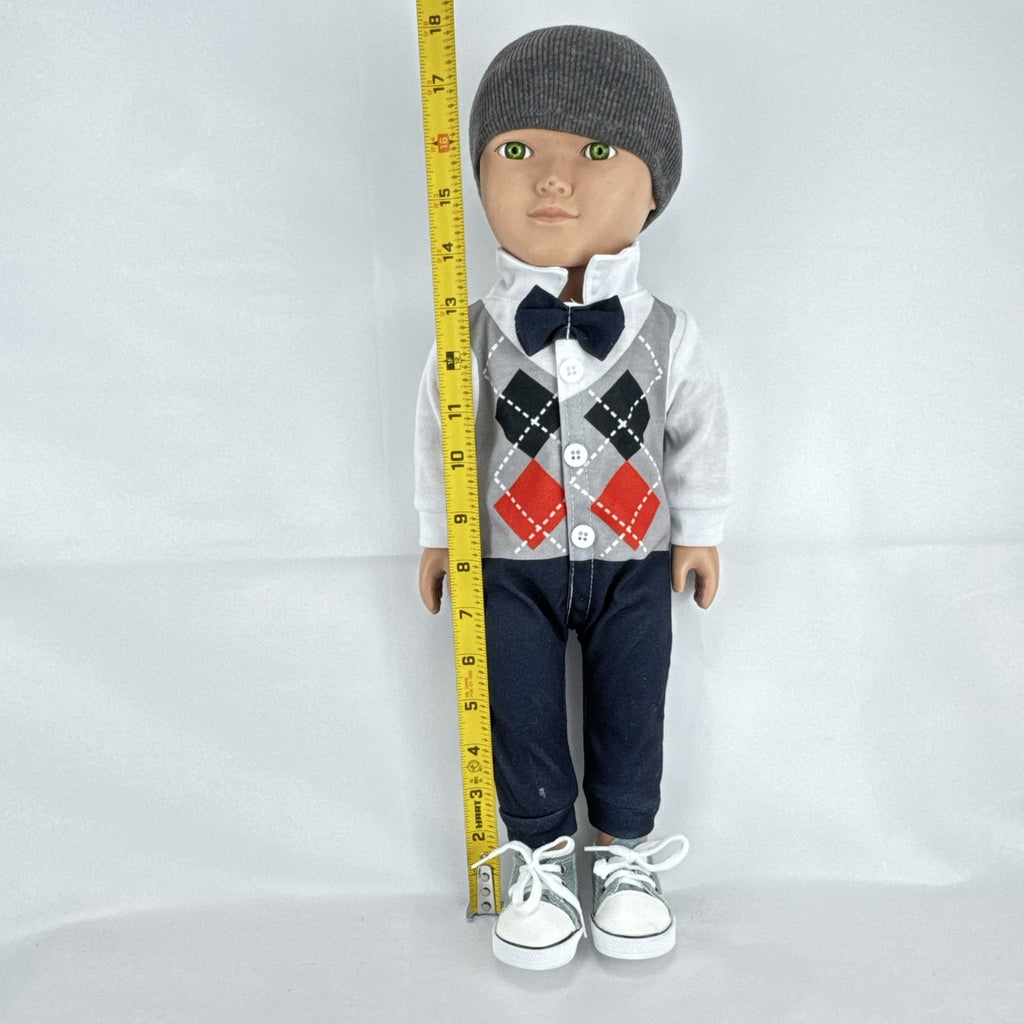 Cititoy 18-inch boy doll with green eyes wearing a knit beanie and argyle vest outfit