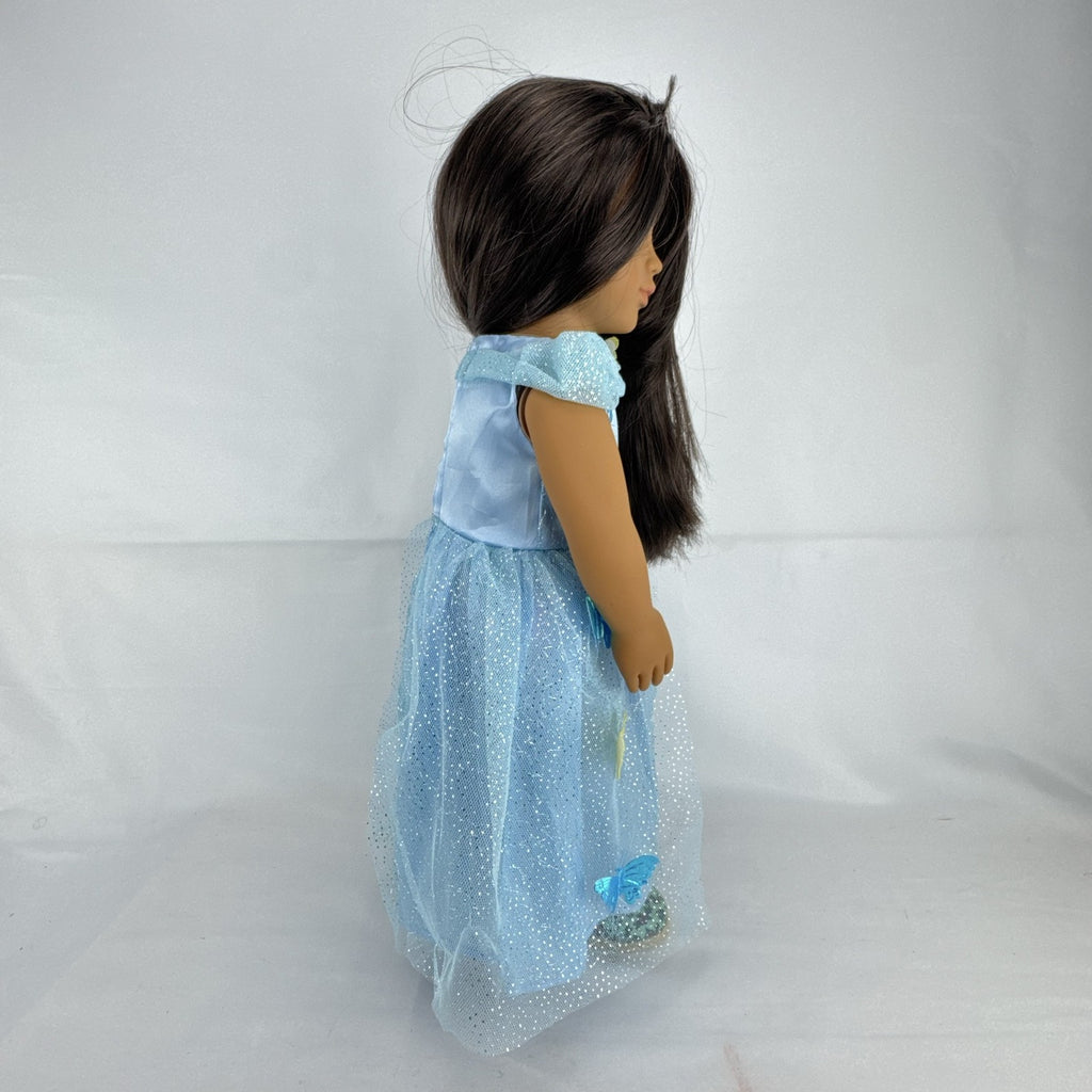 Our Generation 18-inch doll by Battat wearing a light blue butterfly princess dress and patterned shoes