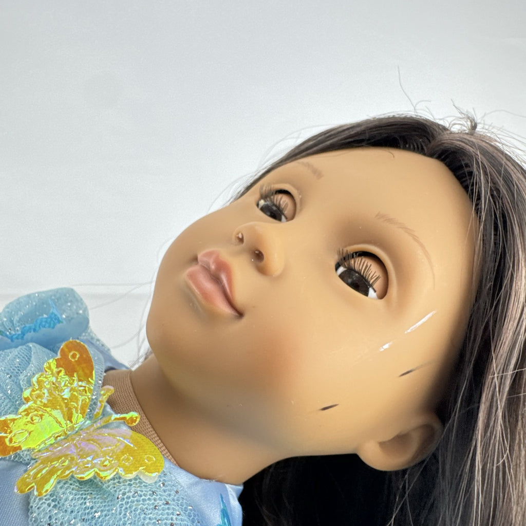 Our Generation 18-inch doll by Battat wearing a light blue butterfly princess dress and patterned shoes