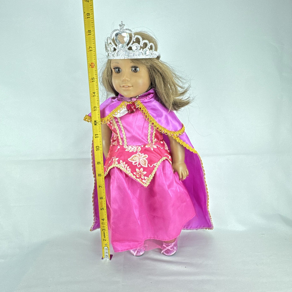18-inch Pleasant Company American Girl doll with brown hair and brown eyes wearing pink and gold princess outfit