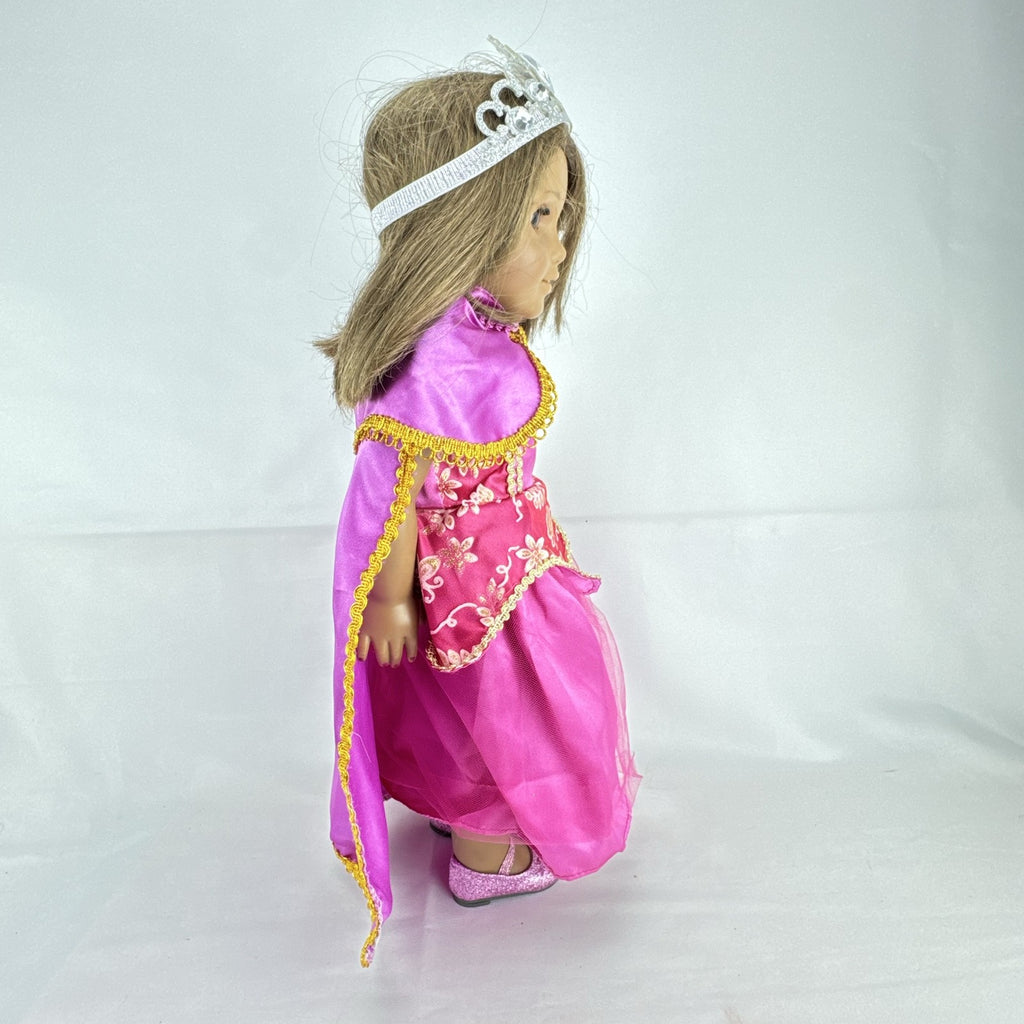 18-inch Pleasant Company American Girl doll with brown hair and brown eyes wearing pink and gold princess outfit