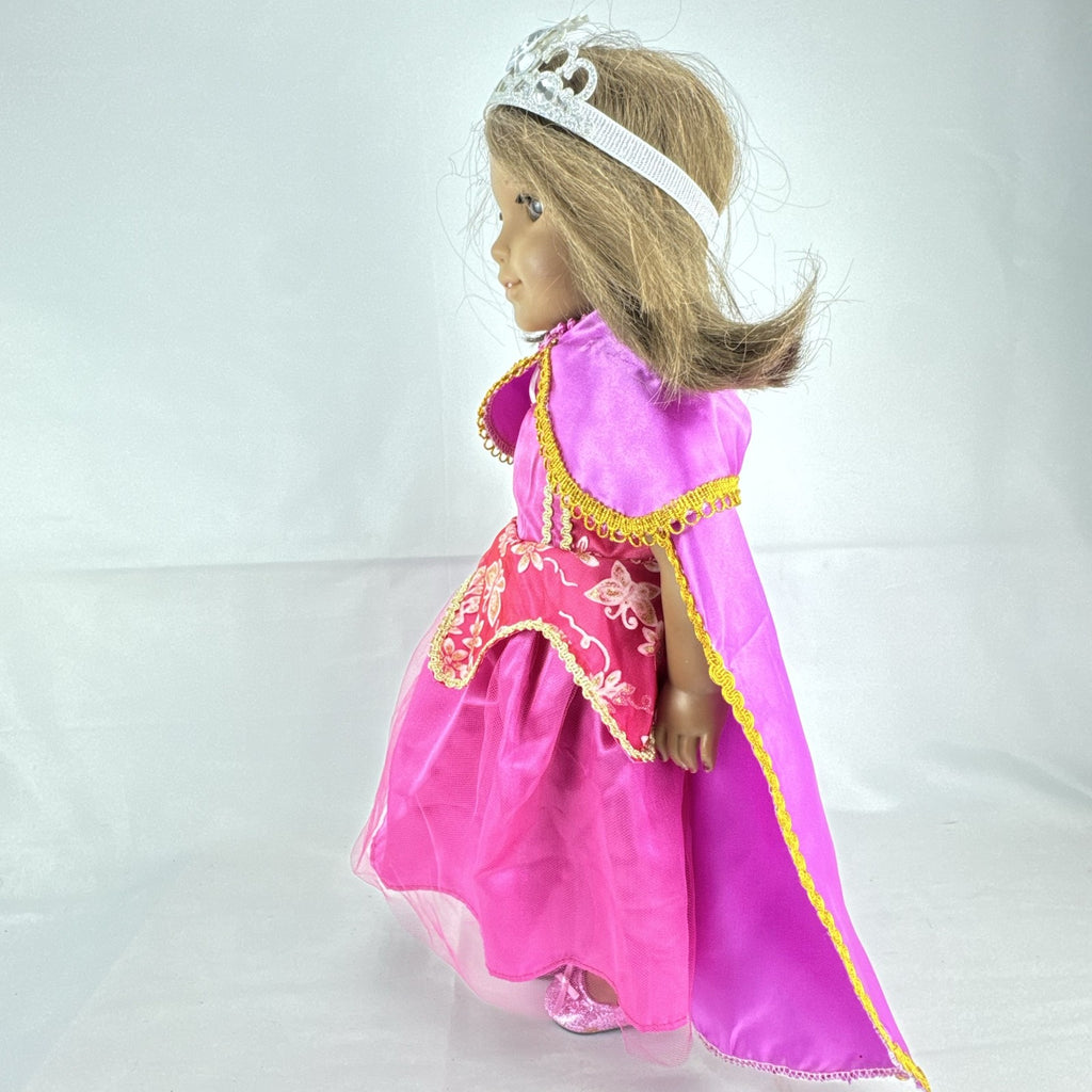 18-inch Pleasant Company American Girl doll with brown hair and brown eyes wearing pink and gold princess outfit