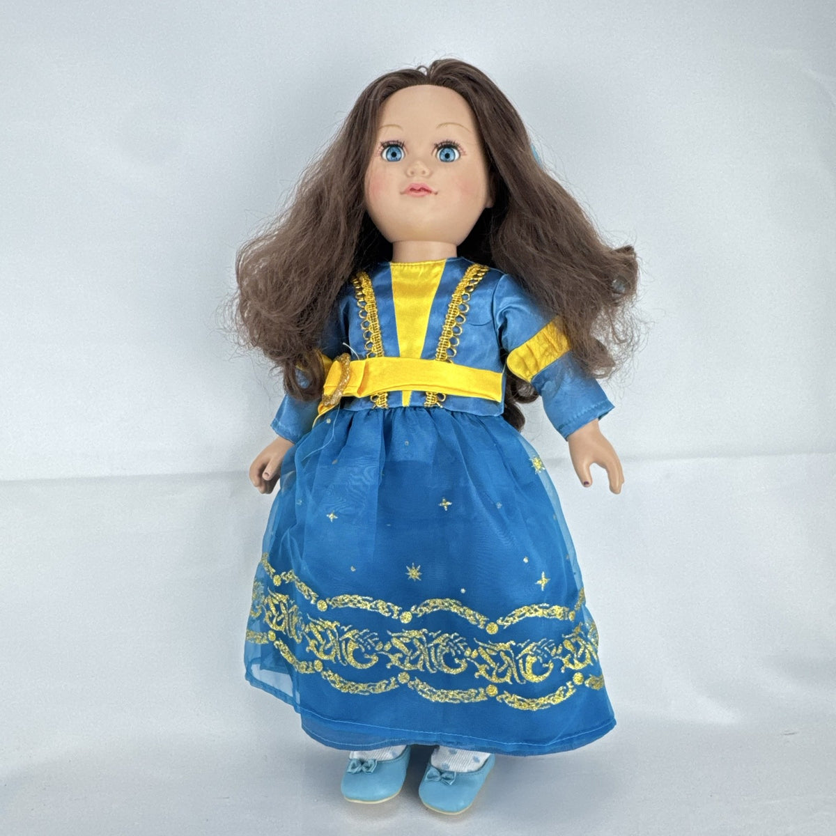 Cititoy 18-inch girl doll with wavy brown hair, blue highlight streak, and royal blue princess gown.