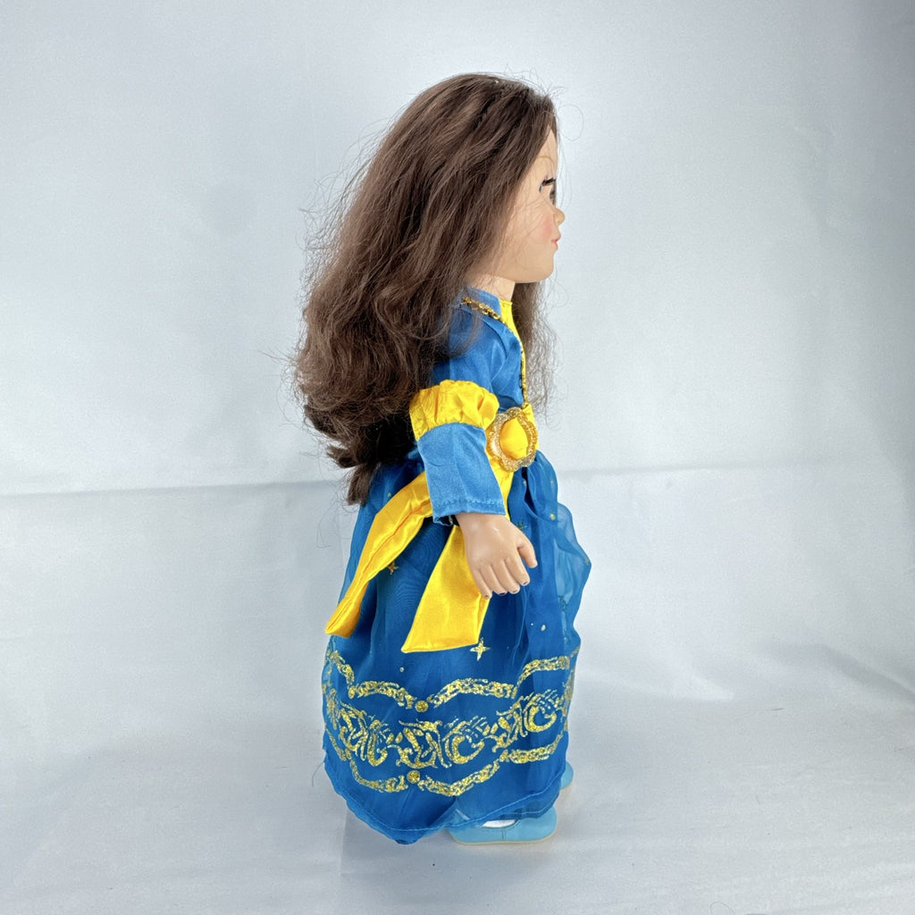 Cititoy 18-inch girl doll with wavy brown hair, blue highlight streak, and royal blue princess gown.