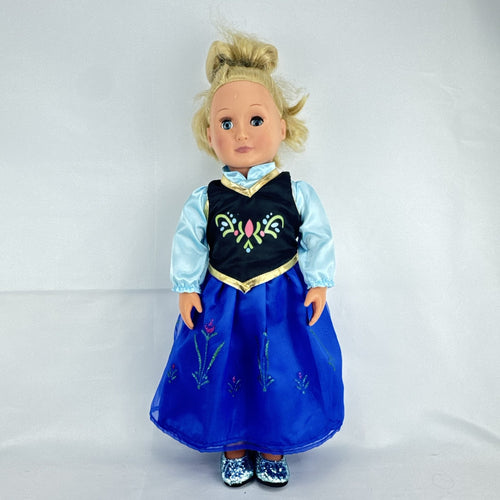 Battat Our Generation 18-inch blonde doll wearing a Disney Frozen Anna dress and blue glitter shoes