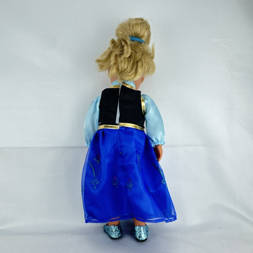 Battat Our Generation 18-inch blonde doll wearing a Disney Frozen Anna dress and blue glitter shoes