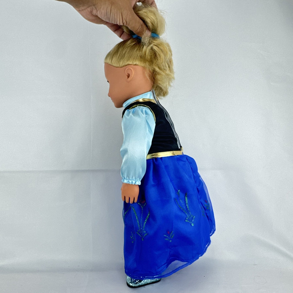 Battat Our Generation 18-inch blonde doll wearing a Disney Frozen Anna dress and blue glitter shoes