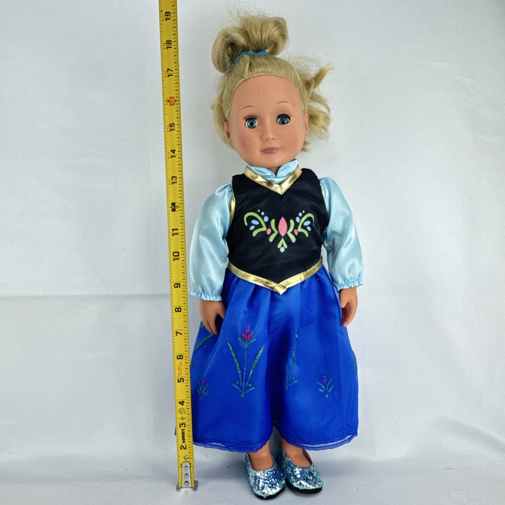 Battat Our Generation 18-inch blonde doll wearing a Disney Frozen Anna dress and blue glitter shoes