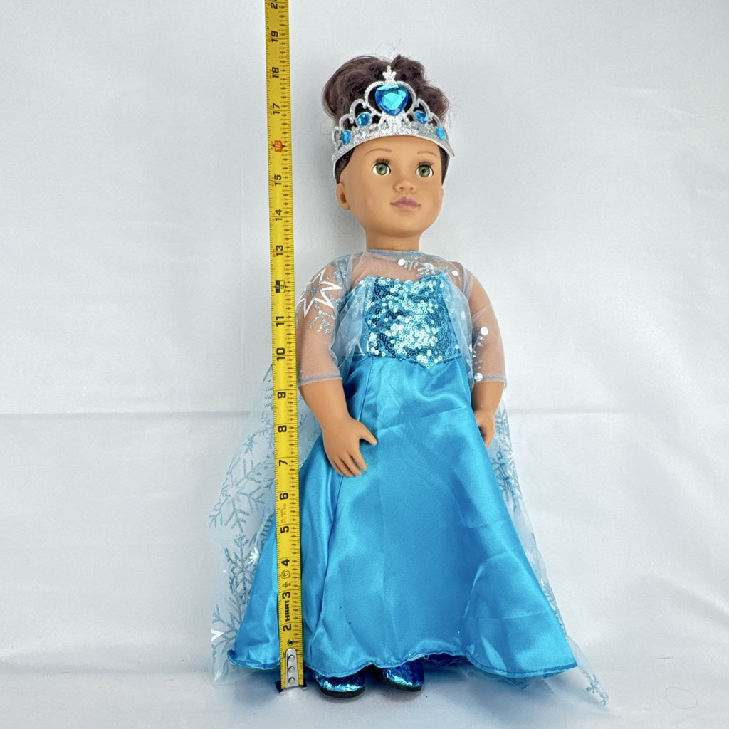 Our Generation 18-inch brunette doll with green eyes wearing a blue sequin ice princess gown and tiara
