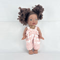 Smart Zone 10-inch African American vinyl baby doll with dark brown curly afro puff pigtails in a pink reindeer romper