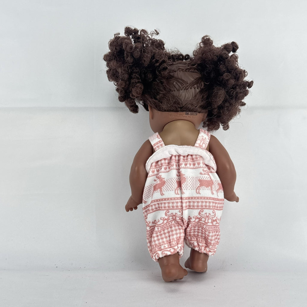 Smart Zone 10-inch African American vinyl baby doll with dark brown curly afro puff pigtails in a pink reindeer romper