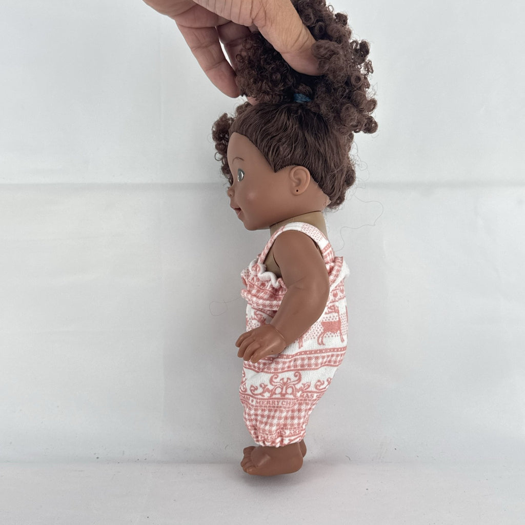 Smart Zone 10-inch African American vinyl baby doll with dark brown curly afro puff pigtails in a pink reindeer romper