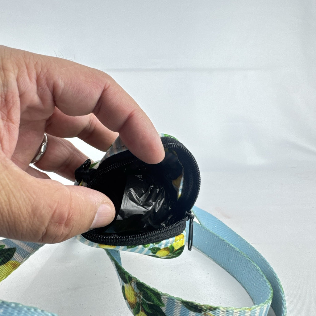 Cavology dog leash and matching zippered waste bag dispenser in yellow lemon and blue stripe pattern