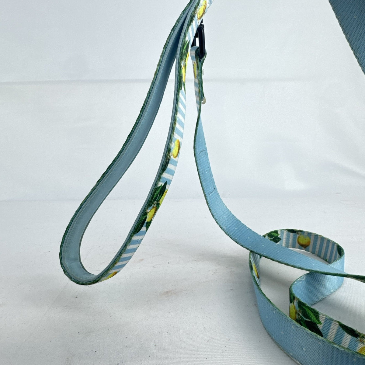 Cavology dog leash and matching zippered waste bag dispenser in yellow lemon and blue stripe pattern