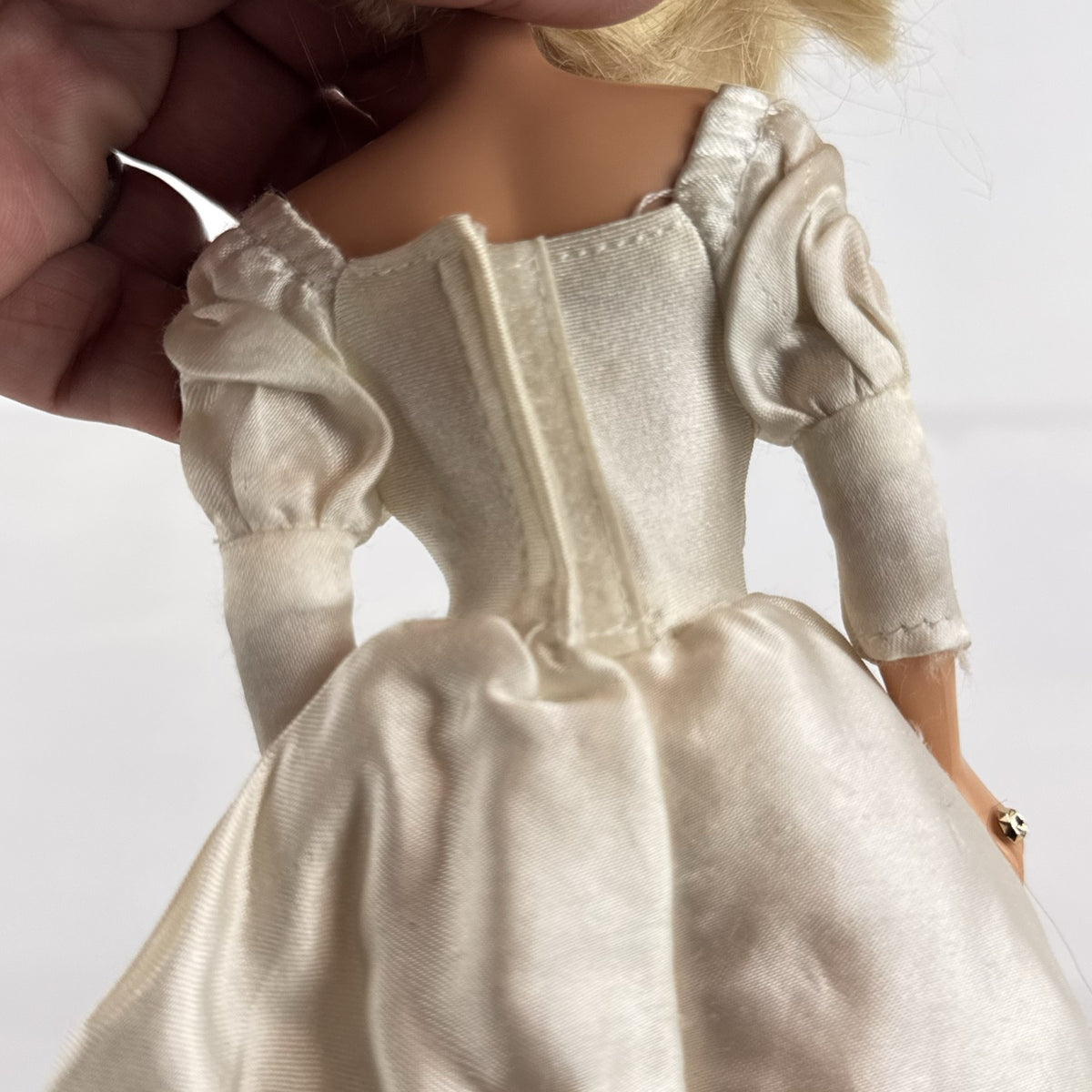1998 Mattel Barbie doll in white satin and lace bridal wedding gown with blonde hair