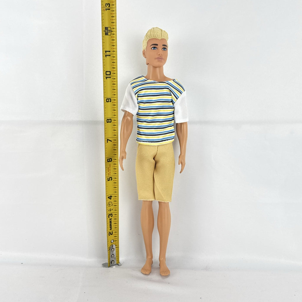 Mattel 2016 Ken doll with molded blonde hair in striped t-shirt and yellow shorts
