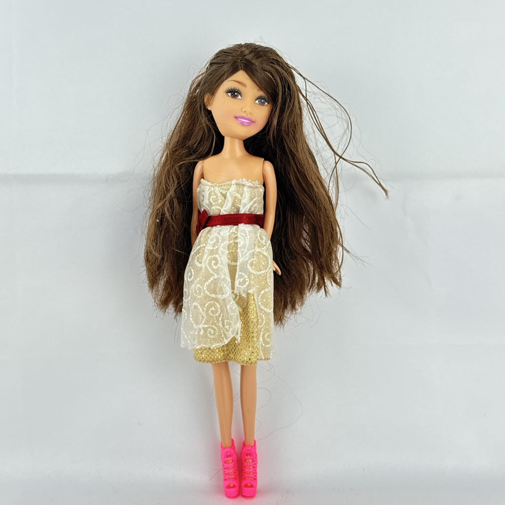 ZURU Sparkle Girlz 10-inch fashion doll with brown hair, cream and gold dress, and bright pink boots