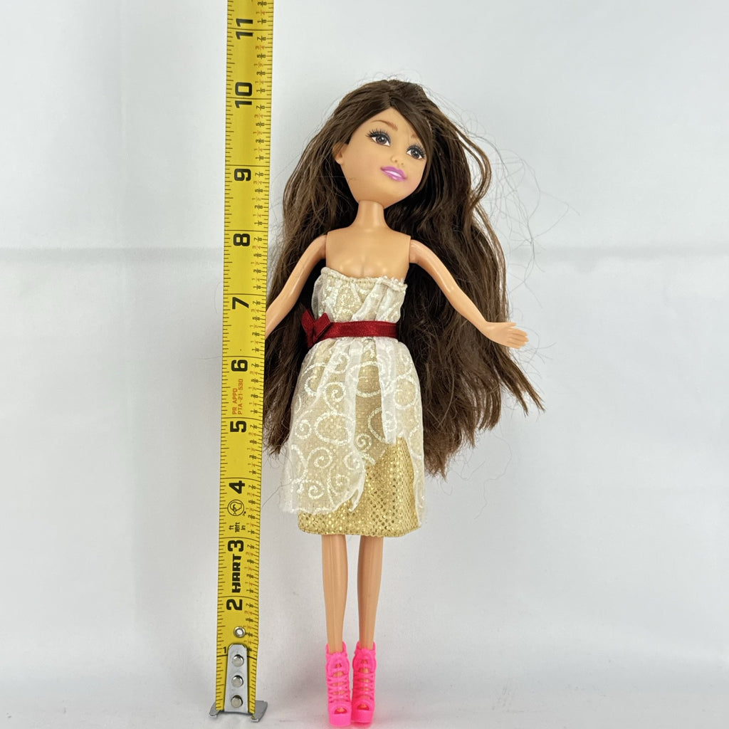 ZURU Sparkle Girlz 10-inch fashion doll with brown hair, cream and gold dress, and bright pink boots