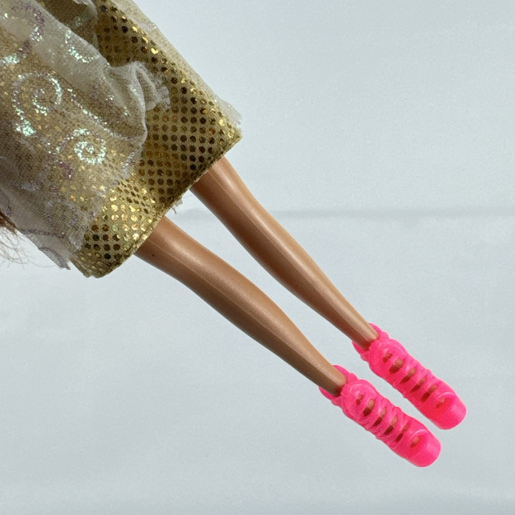 ZURU Sparkle Girlz 10-inch fashion doll with brown hair, cream and gold dress, and bright pink boots