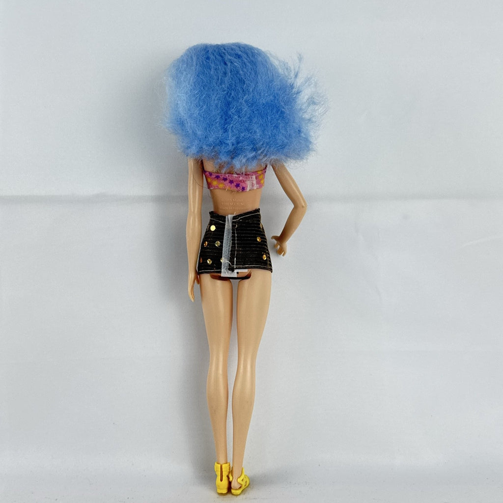 Mattel Barbie Fashionistas 12-inch doll with curly light blue hair, halter crop top, and gold sequin skirt