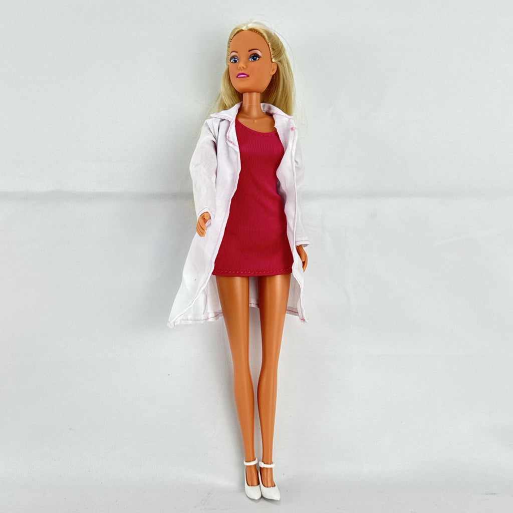 Simba Steffi Love blonde doctor doll wearing a white lab coat and pink knit dress