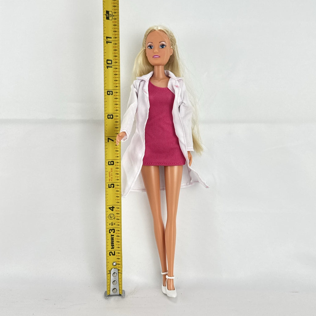Simba Steffi Love blonde doctor doll wearing a white lab coat and pink knit dress