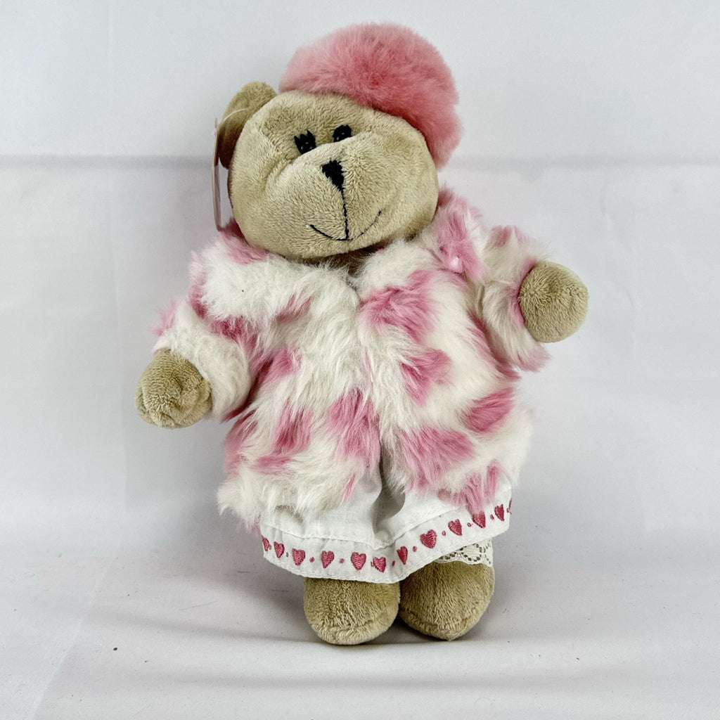 Starbucks 2006 Valentine Bearista plush bear wearing a pink faux fur coat and beret