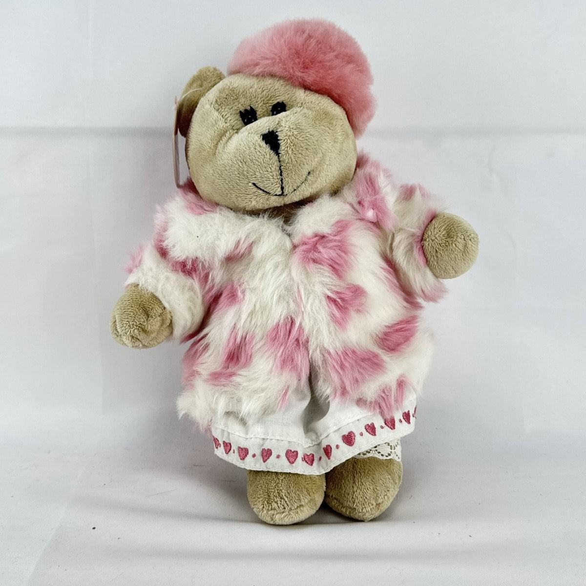 Starbucks 2006 Valentine Bearista plush bear wearing a pink faux fur coat and beret