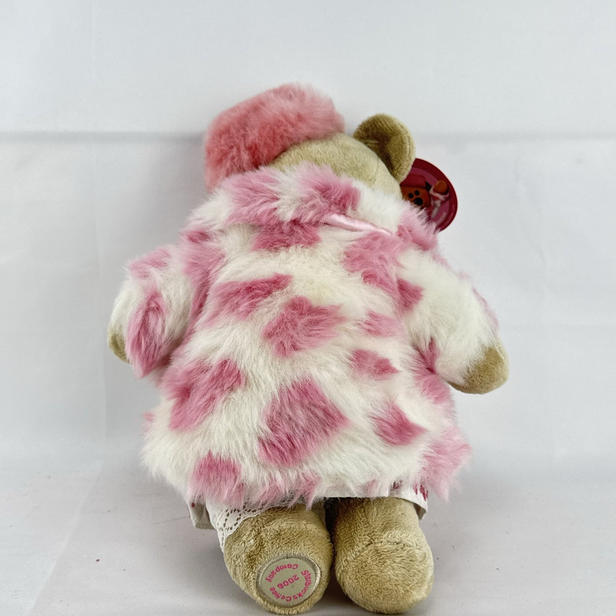 Starbucks 2006 Valentine Bearista plush bear wearing a pink faux fur coat and beret