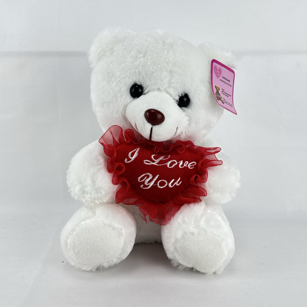 Givedears white plush teddy bear with illuminated LED lights holding an embroidered red I Love You heart