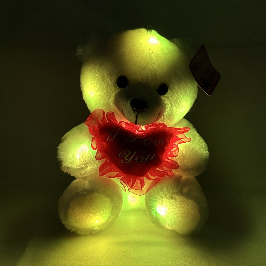Givedears white plush teddy bear with illuminated LED lights holding an embroidered red I Love You heart