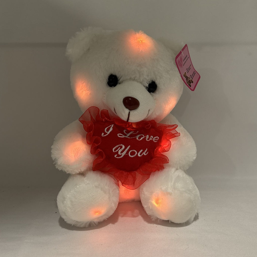 Givedears white plush teddy bear with illuminated LED lights holding an embroidered red I Love You heart