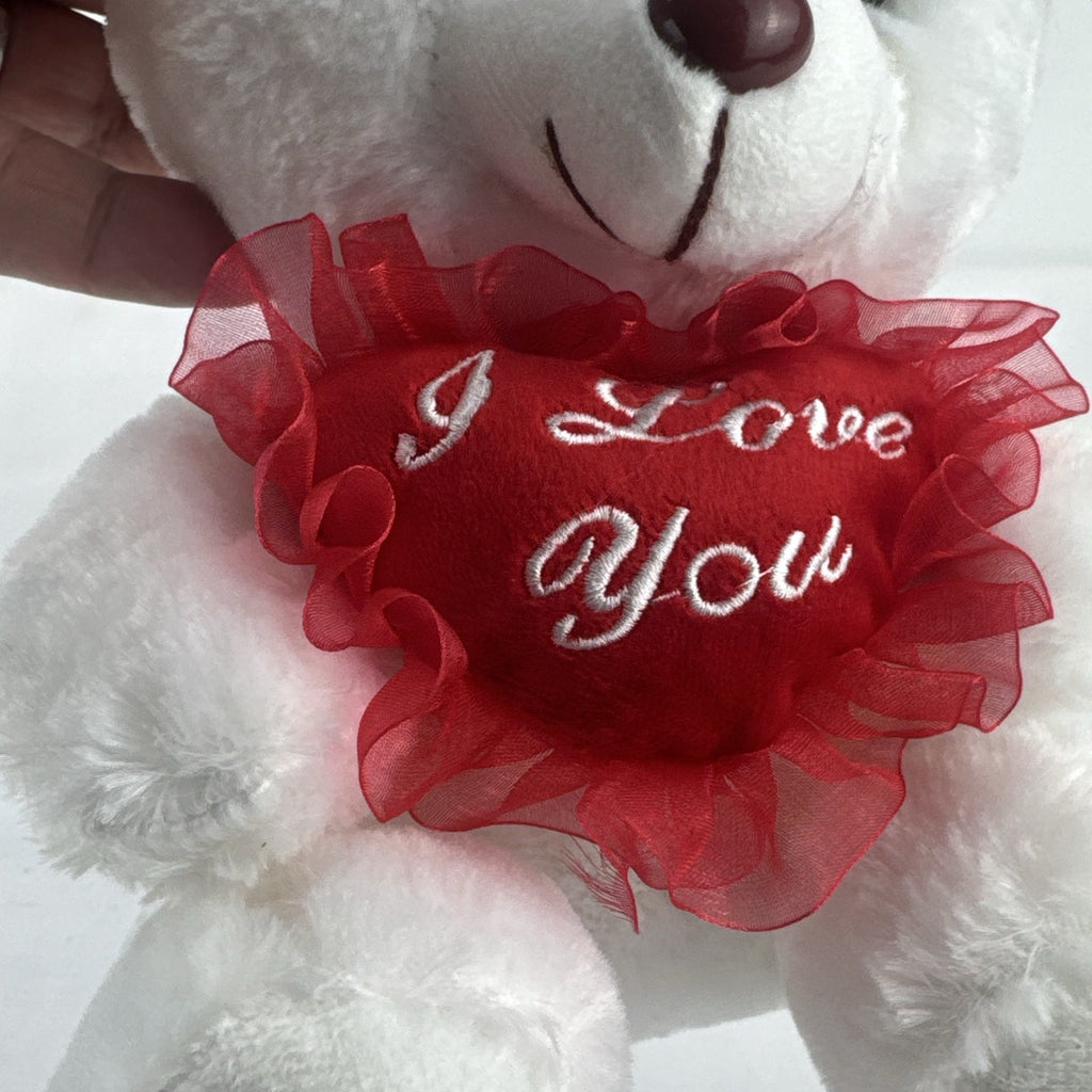 Givedears white plush teddy bear with illuminated LED lights holding an embroidered red I Love You heart
