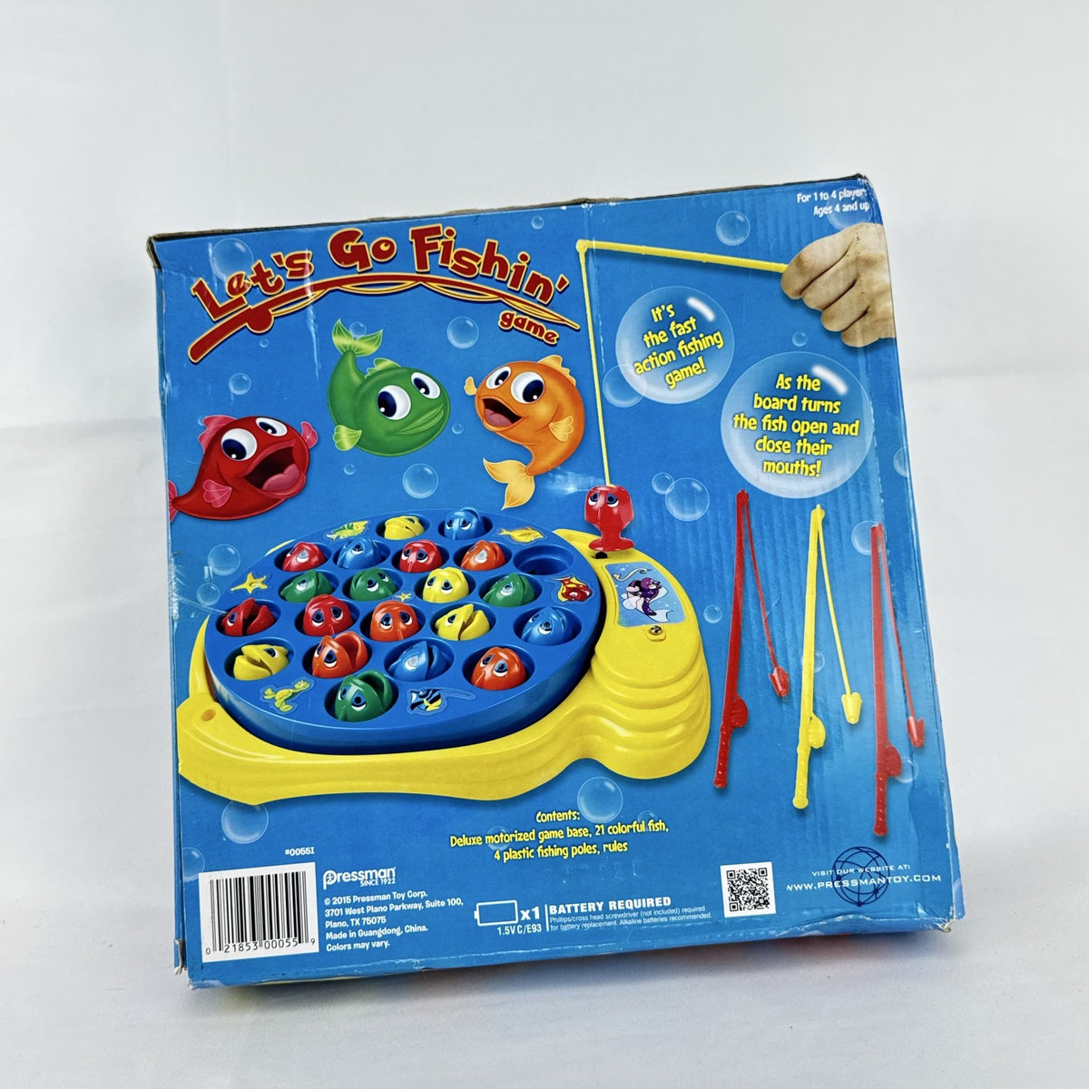 Pressman Let's Go Fishin' motorized action board game in original box with 21 fish and 4 poles