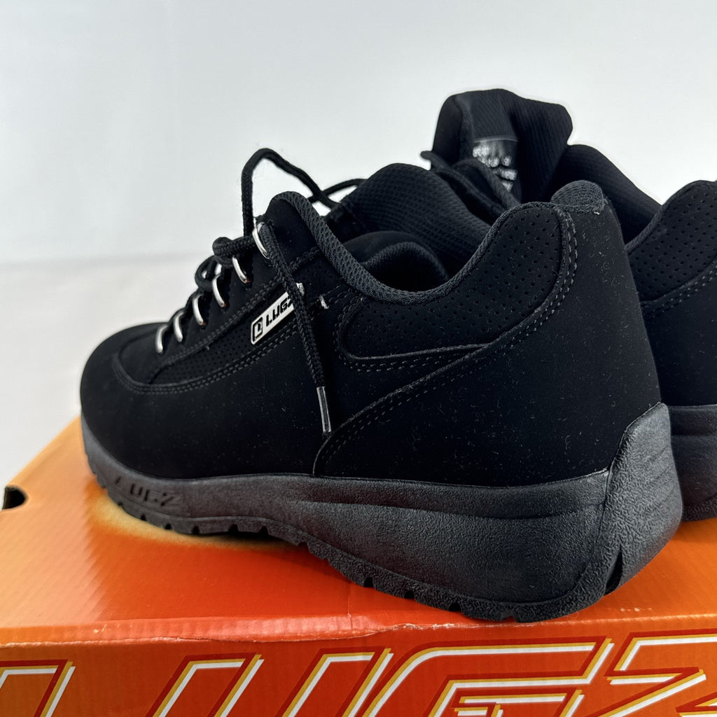 Lugz Express men's low-top sneakers in all-black faux suede, size 9.5