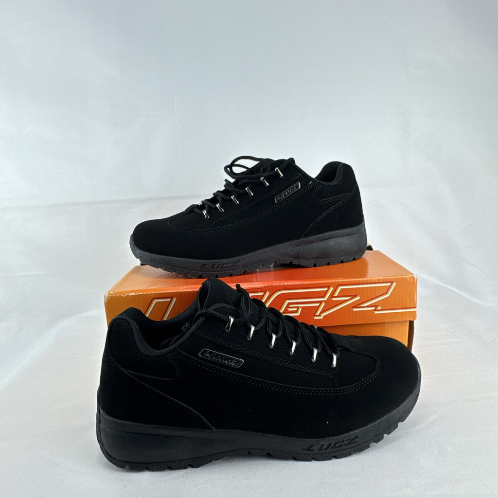 Lugz Express men's low-top sneakers in all-black faux suede, size 9.5