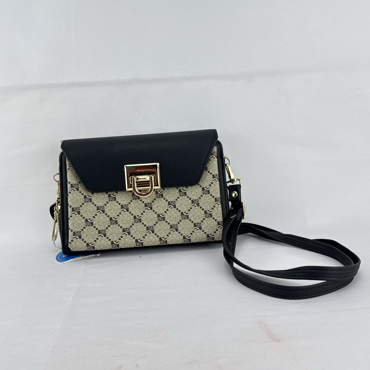 Chic Unlimited black and beige monogram faux leather crossbody wallet purse with gold-tone hardware
