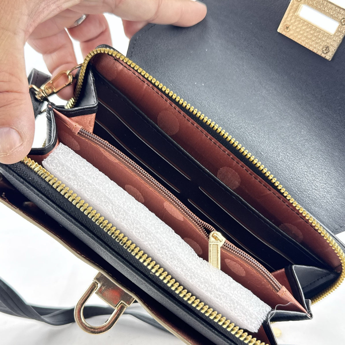 Chic Unlimited black and beige monogram faux leather crossbody wallet purse with gold-tone hardware