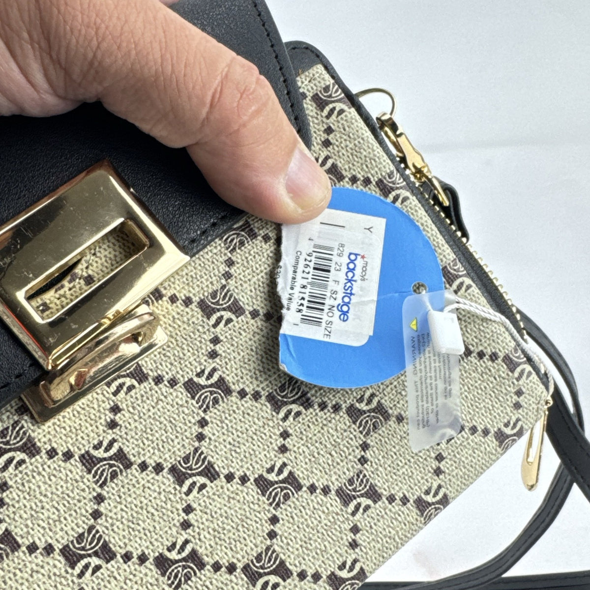 Chic Unlimited black and beige monogram faux leather crossbody wallet purse with gold-tone hardware