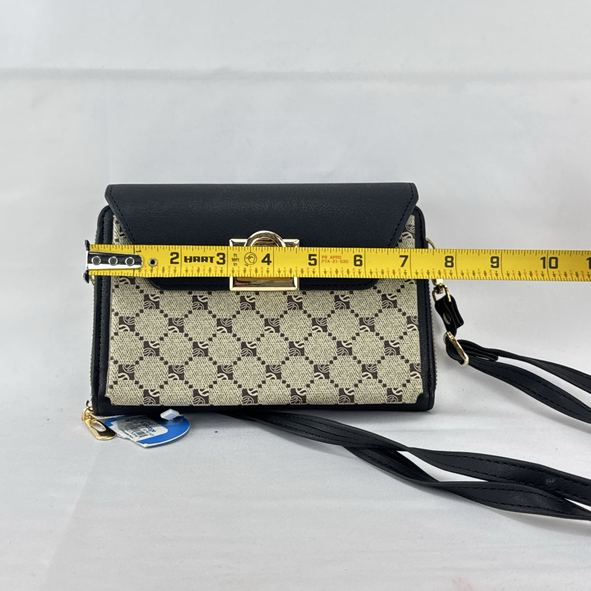 Chic Unlimited black and beige monogram faux leather crossbody wallet purse with gold-tone hardware