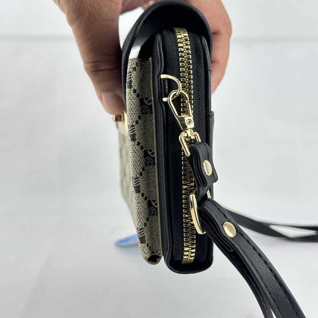 Chic Unlimited black and beige monogram faux leather crossbody wallet purse with gold-tone hardware