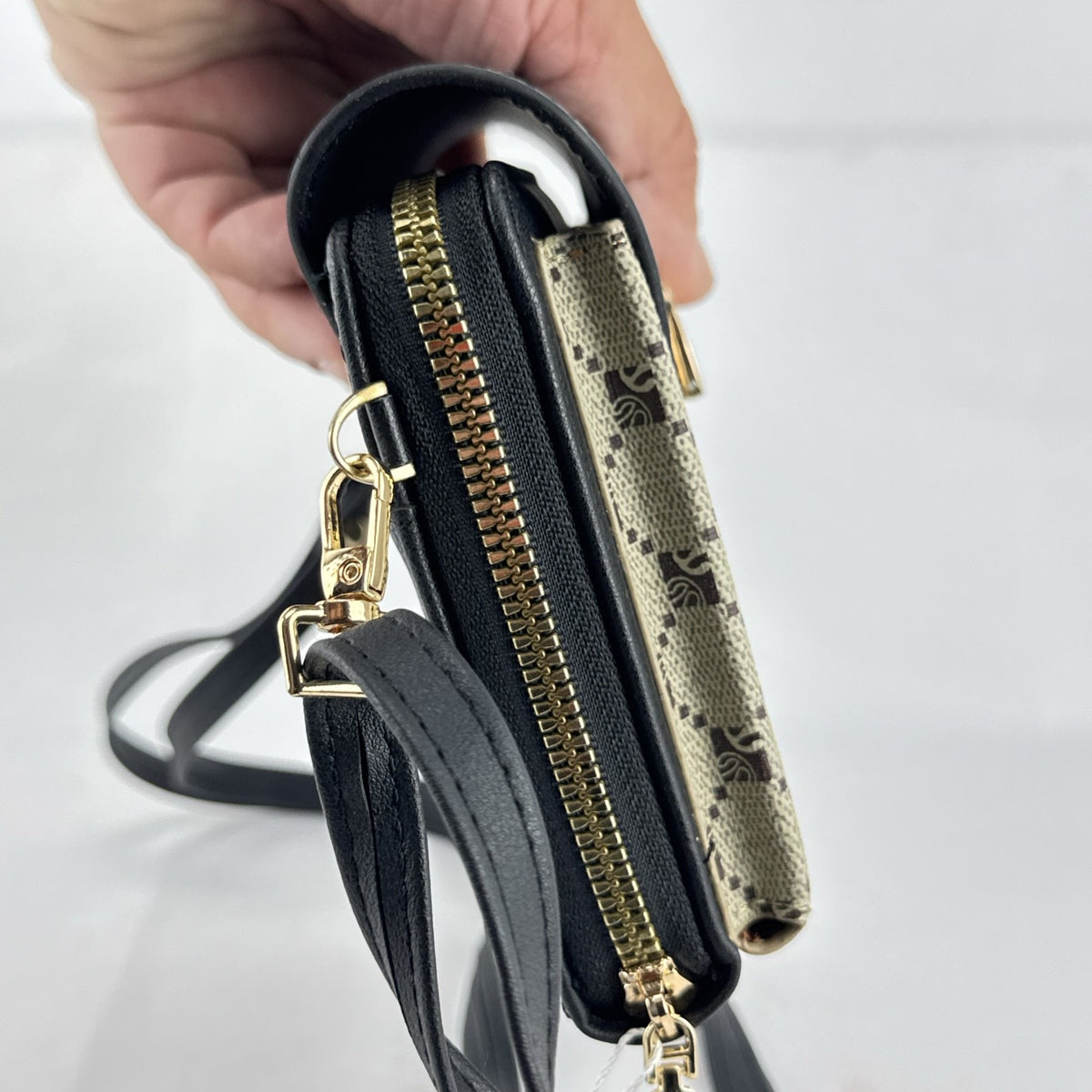Chic Unlimited black and beige monogram faux leather crossbody wallet purse with gold-tone hardware