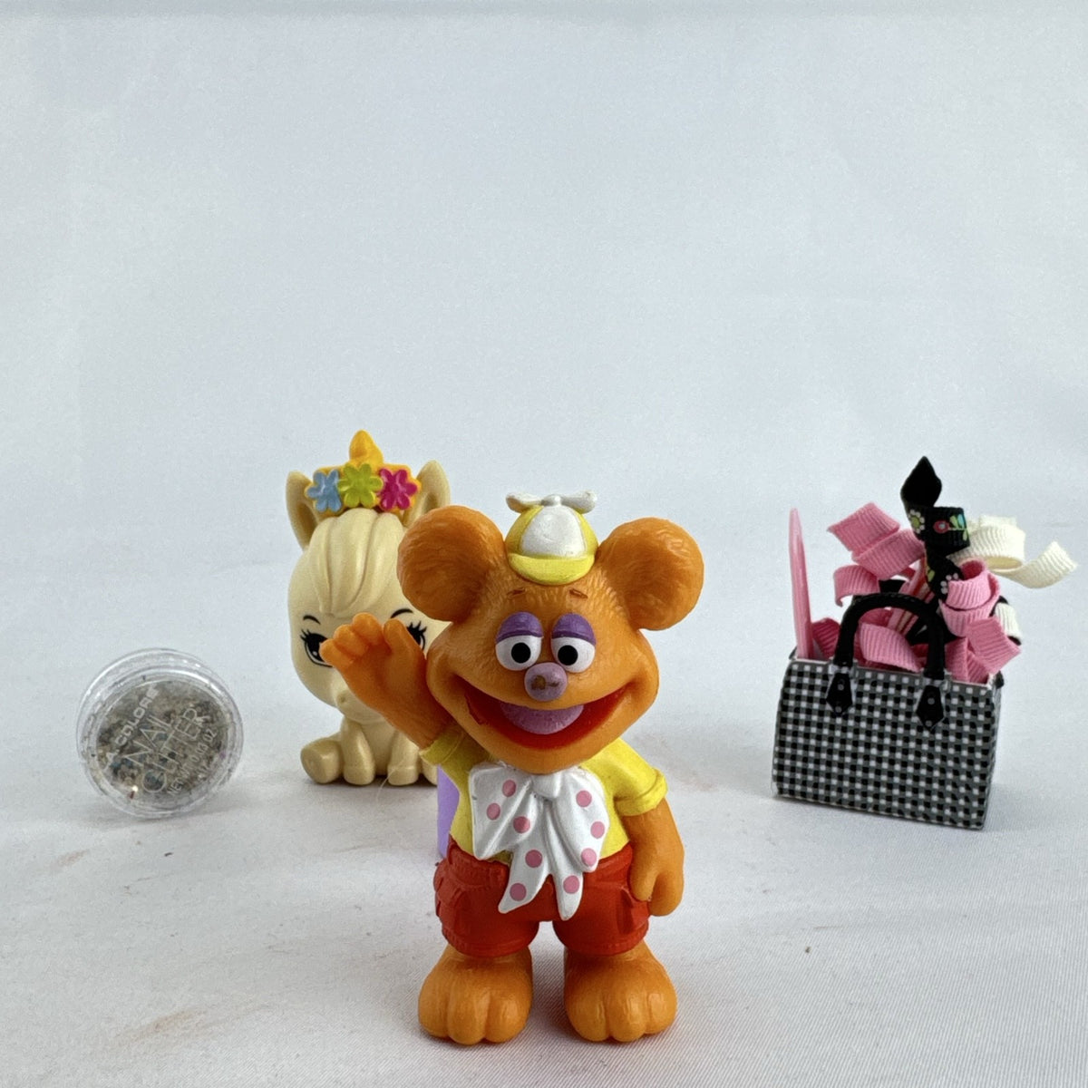 Just Play Disney Muppet Babies Fozzie Bear and Palace Pets pony plastic mini figures with mug and tote bag accessories