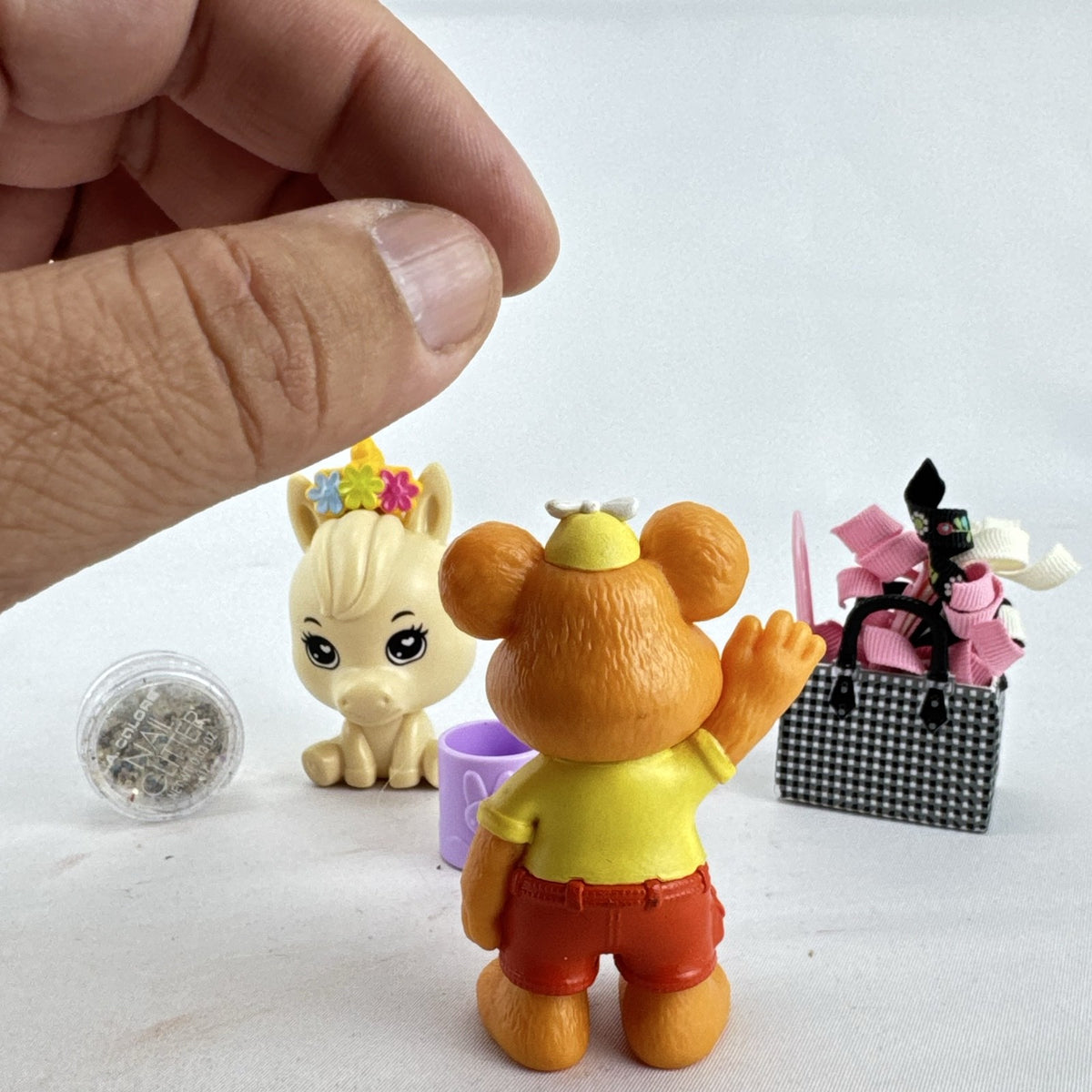 Just Play Disney Muppet Babies Fozzie Bear and Palace Pets pony plastic mini figures with mug and tote bag accessories