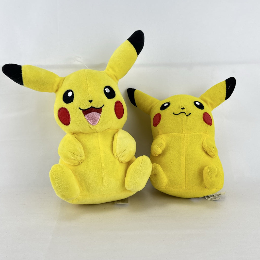 Pair of two yellow Pokémon Pikachu plush stuffed animals in 7-inch and 8.5-inch sizes.